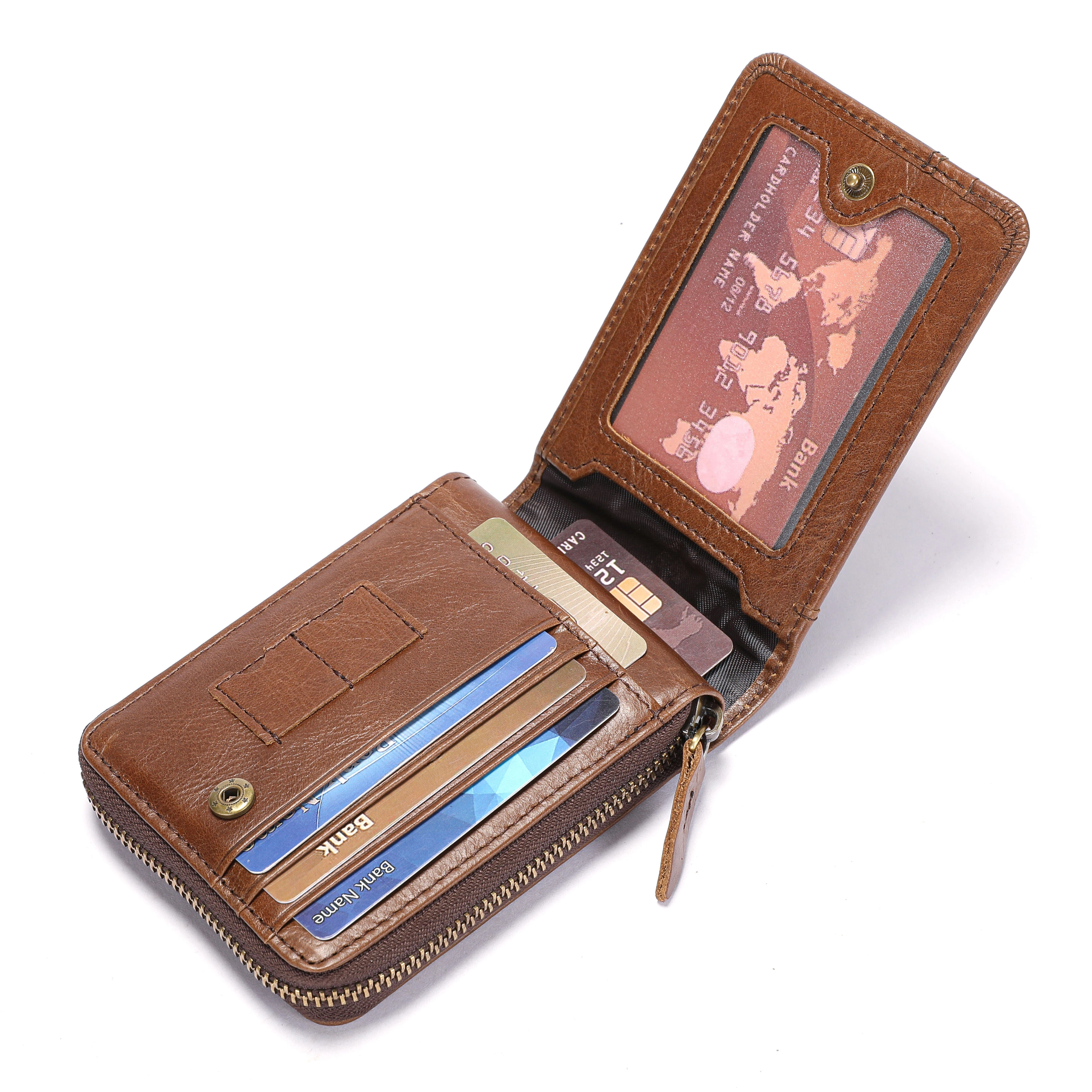 (image for) BULLCAPTAIN Men Short Wallet RFID Blocking Card Holder Cowhide Coin Purse Retro Genuine Leather Clutch Zipper Male Money Bags